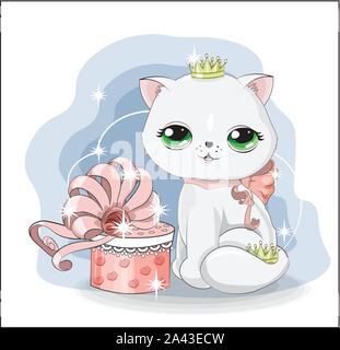 Prinzessin weisse Katze in der Krone, Kätzchen mit Geschenkbox, mit Schleifchen verziert. Das Bild in der Hand Zeichnung Stil, für t-shirt Druck, Verschleiß Fashion design, gree Stock Vektor