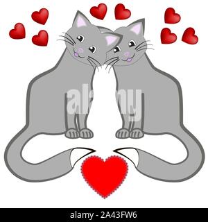 Die gegenseitige Liebe der zwei Katzen. Vector Illustration für den Valentinstag. Stock Vektor