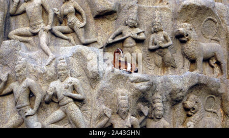 Religiöse Denkmal in Mamallapuram, Kancheepuram District des Bundesstaates Tamil Nadu, Indien Stockfoto