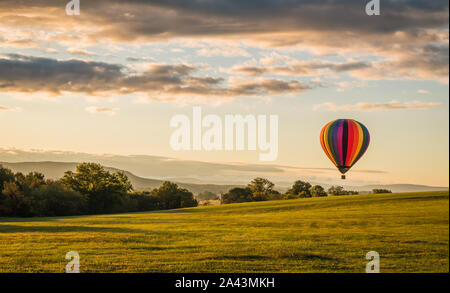 Rainbow Heißluftballon schwebt über auf dem Feld bei Sonnenaufgang Stockfoto