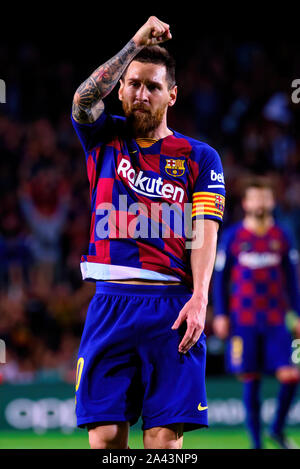 BARCELONA - OKT 6: Lionel Messi feiert ein Ziel an der La Liga Match zwischen dem FC Barcelona und FC Sevilla im Camp Nou Stadion am 6. Oktober, 2019 Stockfoto