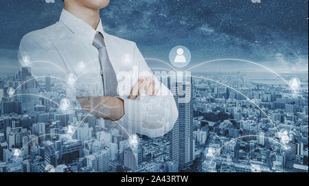 Business Netzwerk und HR Human Resources Management. Double Exposure business Mitarbeiter arm gekreuzt Stockfoto