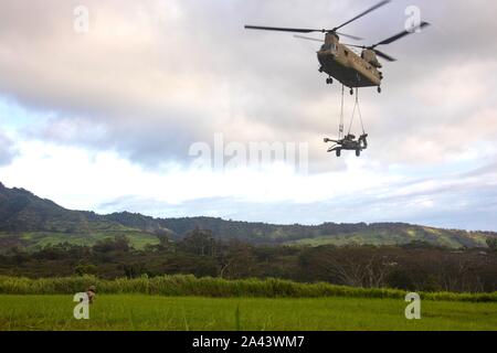 Kapitän Zak Oliver, Kommandeur der C Akku, 2. Bataillon, 11 Field Artillery Regiment, 2 Infantry Brigade Combat Team, 25 Infanterie Division, Führungen in einer CH-47 Chinook auf die Landezone während eines zwei-gun raid Air Assault übung Oktober 10, 2019 at Schofield Kasernen, Hawaii. Die Soldaten flogen von Dillingham Air Field und schnell emplaced ihre Entlassung zurück Positionen in Ihrem Haus station. Die koordinierte Bewegung, neben den 25 Infanterie Division Combat Aviation Brigade, war die erste Schlinge Last von M 777 Haubitzen überhaupt auf der Insel Oahu durchgeführt und zeigt der Armee abilit Stockfoto