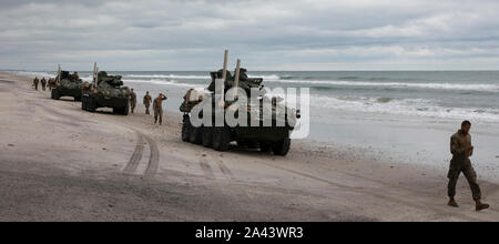 191010-N-KO 533-1390 ONSLOW Strand, N.C. (Okt. 2010) 10, 2019) - Marines Bataillon Landung Team 2 Bataillon zugeordnet, 8. Marine Regiment (BLT 2/8) Manöver amphibisches Fahrzeug während einer amphibischen Operation, Okt. 10, 2019. Bataan ist unterwegs die Durchführung einer Composite Trainingsgerät Übung (COMPTUEX) mit dem Bataan Amphibious Ready Gruppe und 26 Marine Expeditionary Unit. (U.S. Marine Foto von Mass Communication Specialist 3. Klasse Lenny Weston) Stockfoto