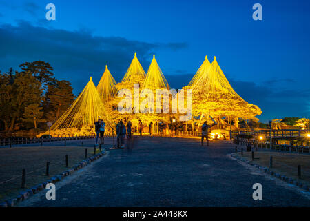 Kanazawa, Japan - 14. Februar 2019: Winter bis Licht in Kenrokuen Garten in der Nacht in Kanazawa, Japan. Stockfoto