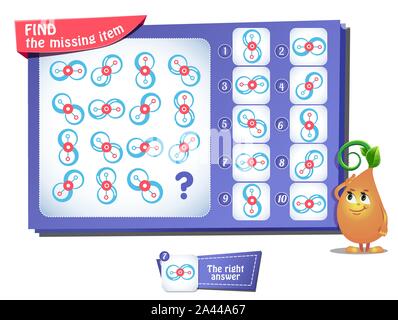 Lernspiel für Kinder und Erwachsene, Puzzle. Entwicklung von Logik, iq. Aufgabe Spiel finden, das fehlende Element Stock Vektor