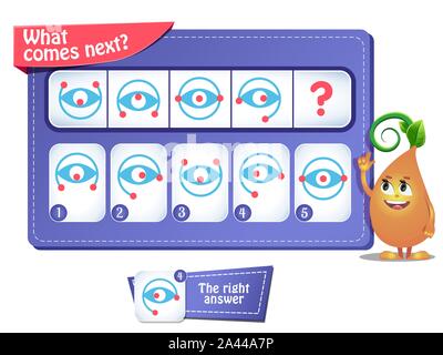 Lernspiel für Kinder und Erwachsene. Entwicklung von Logik, iq. Aufgabe Spiel, was als Nächstes kommt? Stock Vektor