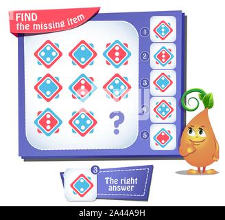Lernspiel für Kinder und Erwachsene, Puzzle. Entwicklung von Logik, iq. Aufgabe Spiel finden, das fehlende Element Stock Vektor