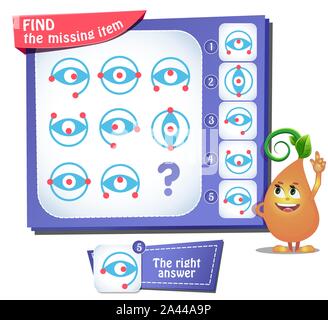 Lernspiel für Kinder und Erwachsene, Puzzle. Entwicklung von Logik, iq. Aufgabe Spiel finden, das fehlende Element Stock Vektor