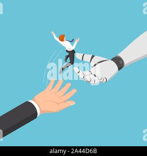 Wohnung 3 d isometrische Geschäftsmann springen von Mensch zu ai Robot Hand. Künstliche Intelligenz und das Bewegen in der Ära der AI-Konzept. Stock Vektor