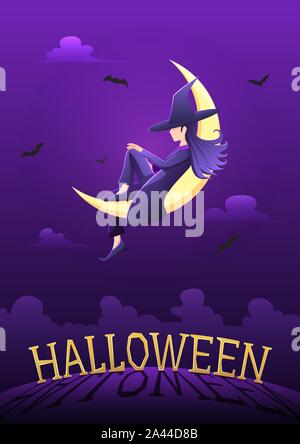 Hexe sitzen auf Halbmond in der Halloween Nacht über den Friedhof mit HALLOWEEN Text. Happy Halloween Grußkarten-Hintergrund. Stock Vektor