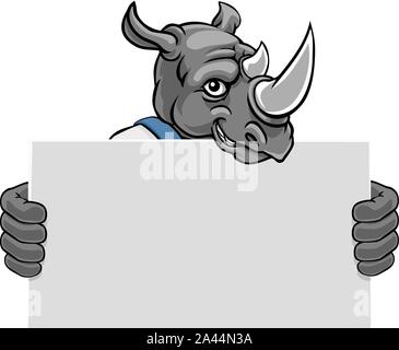 Rhino Cartoon Maskottchen Heimwerker Holding unterzeichnen Stock Vektor