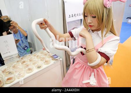 Ein cosplayer hält eine weiße Schlange bei Pet Fair Asia 2019 in Shanghai, China, 23. August 2019. *** Local Caption *** fachaoshi Stockfoto