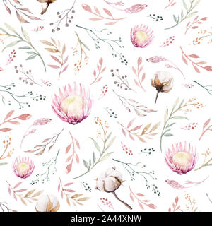 Handzeichnung nahtlose Aquarell florale Muster mit Protea Rose, Blätter, Zweige und Blüten. Böhmisches gold pink Muster prorea. Hintergrund für die Gre Stockfoto