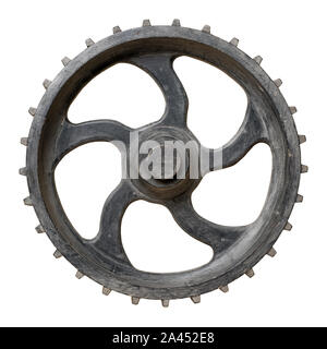 Isolierte Objekte: Alte dekorative Holz- Zahnradbahn, auf weißem Hintergrund Stockfoto