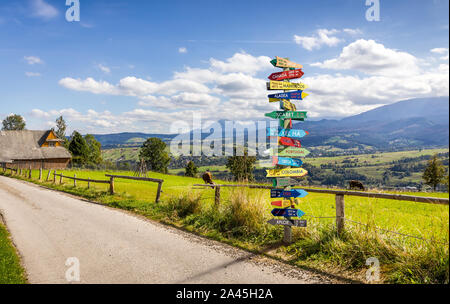 Lustig andere Welt Richtungen Wegweiser mit Abstand zu vielen verschiedenen Ländern Stockfoto