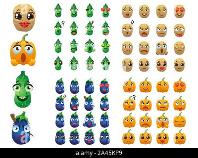 Satz von Gemüse. Emoji Emoticon Ausdruck. Kartoffeln, Kürbis, Auberginen, Zucchini Stock Vektor