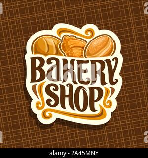 Vektor logo für Bäckerei, ganzer Laib Getreide Brot, frische französische Croissant, deutsche Krapfen Gebäck, ursprünglichen Bürste Schriftart für Titel Bäckerei, Stock Vektor