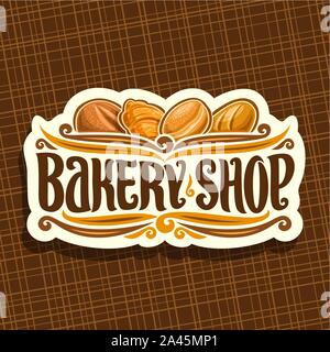 Vektor logo für Bäckerei, auf Namensschild ursprünglichen Bürste Schriftart für Titel Bäckerei, Brot getreide Brot, Croissant, deutsche Krapfen oder Berliner Stock Vektor