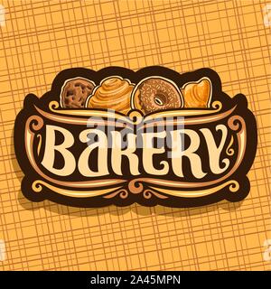 Vektor logo für Bäckerei, ursprünglichen Bürste Schrift für Wort Bäckerei, hausgemachte Cookies mit Chips, schwedische Cinnamon Roll, Donut mit Schokoladenüberzug und fre Stock Vektor