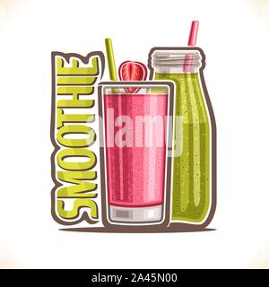 Vector Illustration von Fruit Smoothie, frische Erdbeere Orangensaft mit Fruchtfleisch in hohes Glas mit Garnierung von slice Berry und Blended kiwi mit Chia Samen in Stock Vektor