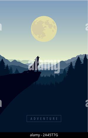 Wolf auf einer Klippe heult bei Vollmond blau natur landschaft Vektor-illustration EPS 10. Stock Vektor