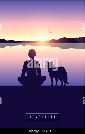 Mensch und Hund am See mit Blick auf die Berge und den Sonnenuntergang Abenteuer Design Vector Illustration EPS 10. Stock Vektor