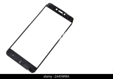 Gebrochene smartphone Schutz Glas auf weißem Hintergrund Stockfoto