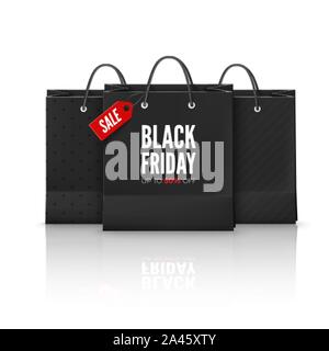 Schwarzer Freitag anbieten. Einstellen der schwarzen Beutel. Beutel mit Red Tag Verkauf und Text mit Rabatt. Abbildung für Banner. Vektor Stock Vektor