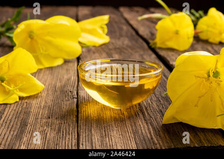 Eine Schüssel mit Nachtkerzenöl Oenothera biennis mit frischen Blumen Stockfoto