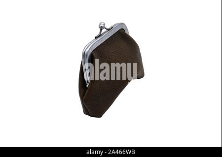 Vintage braun Leder Geldbörse mit Metallschließe. Auf einem weißen Hintergrund isolieren Stockfoto