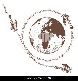 Die drei historischen Doppeldecker Rundflug um die Welt. Abbildung: Nach einer Lithographie aus dem frühen 20. Jahrhundert Stock Vektor