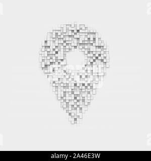 3D-Rendering von einer weißen geolocation Marker, die aus vielen quadratischen ungleichen Blöcken. Icons und Symbole. Karten. Programme und Anwendungen. Stockfoto