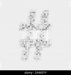 3D-Rendering von großen octothorp Symbol aus weißen Quadrat unebenen Fliesen auf weißem Hintergrund. Buchstaben und Zahlen. Symbolik. Satzzeichen. Stockfoto
