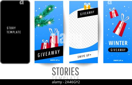 Trendiges Werbegeschenk Vorlage für soziale Netzwerke Geschichten mit Geschenkboxen, Weihnachtsbäume für Social Media post oder Website Banner. Stock Vektor