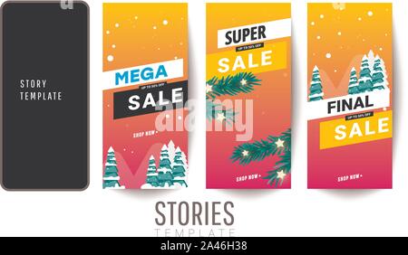 Winter super sale Banner oder Poster template Design mit Geschenkboxen, Weihnachtsbäume für Social Media post oder Website Banner. Stock Vektor