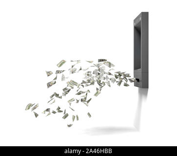 3D-Rendering von einer Wand Bank ATM Maschine mit grünen Banknoten aus ihr heraus fliegen. Persönlichen account. Unter Berücksichtigung aller Bargeld. Dollar von Bank- Maschine. Stockfoto