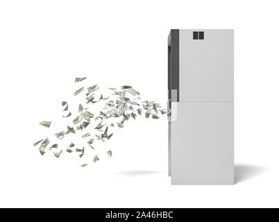 3D-Rendering für eine Bank ATM Maschine mit grünen Banknoten aus ihr heraus fliegen. Persönlichen account. Unter Berücksichtigung aller Bargeld. Dollar von Bank- Maschine. Stockfoto