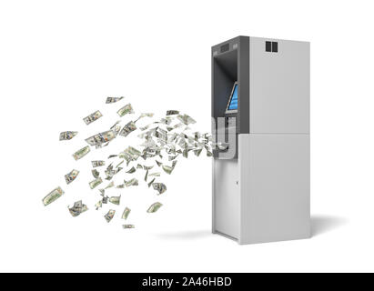 3D-Rendering für eine Bank ATM Maschine mit grünen Banknoten aus ihr heraus fliegen. Persönlichen account. Unter Berücksichtigung aller Bargeld. Dollar von Bank- Maschine. Stockfoto