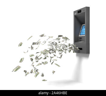 3D-Rendering von einer Wand Bank ATM Maschine mit grünen Banknoten aus ihr heraus fliegen. Persönlichen account. Unter Berücksichtigung aller Bargeld. Dollar von Bank- Maschine. Stockfoto