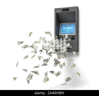 3D-Rendering von einer Wand Bank ATM Maschine mit grünen Banknoten aus ihr heraus fliegen. Persönlichen account. Unter Berücksichtigung aller Bargeld. Dollar von Bank- Maschine. Stockfoto