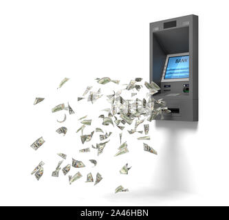 3D-Rendering von einer Wand Bank ATM Maschine mit grünen Banknoten aus ihr heraus fliegen. Persönlichen account. Unter Berücksichtigung aller Bargeld. Dollar von Bank- Maschine. Stockfoto