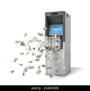 3D-Rendering für eine Bank ATM Maschine mit grünen Banknoten aus ihr heraus fliegen. Persönlichen account. Unter Berücksichtigung aller Bargeld. Dollar von Bank- Maschine. Stockfoto