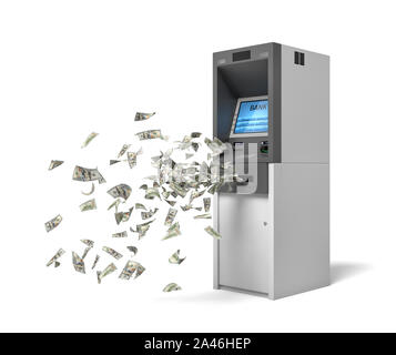 3D-Rendering für eine Bank ATM Maschine mit grünen Banknoten aus ihr heraus fliegen. Persönlichen account. Unter Berücksichtigung aller Bargeld. Dollar von Bank- Maschine. Stockfoto