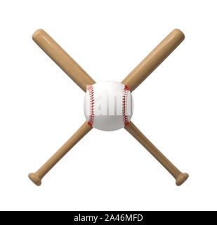 3D-Rendering von einem riesigen weißen Baseball mit roten Fäden in der Mitte des Kreuzes durch zwei Holz- Fledermäuse gemacht. Ball zu schlagen. Bat und Club. Major ein Stockfoto