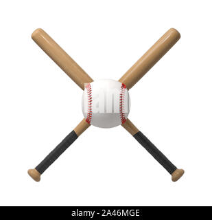 3D-Rendering von einem riesigen weißen Baseball mit roten Fäden in der Mitte des Kreuzes durch zwei Holz- Fledermäuse gemacht. Ball zu schlagen. Bat und Club. Major ein Stockfoto