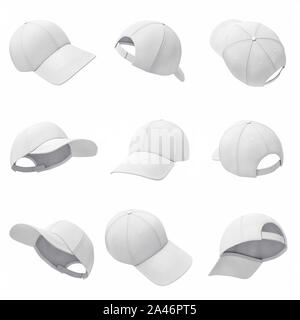 3D-Rendering von vielen weissen Baseball Caps hängend auf weißem Hintergrund in verschiedenen Winkeln. Baseball Hut. Casual headwear. Sport Style. Stockfoto