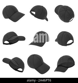 3D-Rendering von viele schwarze Baseballkappen hängend auf weißem Hintergrund in verschiedenen Winkeln. Baseball Hut. Casual headwear. Sport Style. Stockfoto