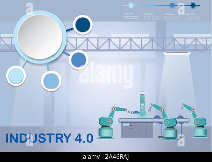 Industrie 4.0 Smart Factory Konzept Roboter arbeiten am Fließband im Werk. Leere Infografik Kreise sind bereit für ihren Text. Stock Vektor