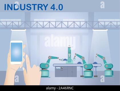 Industrie 4.0 Smart Factory kabellose Verbindung Konzept Roboter arbeiten am Fließband im Werk innen und Hände halten ein smart phone wit Stock Vektor